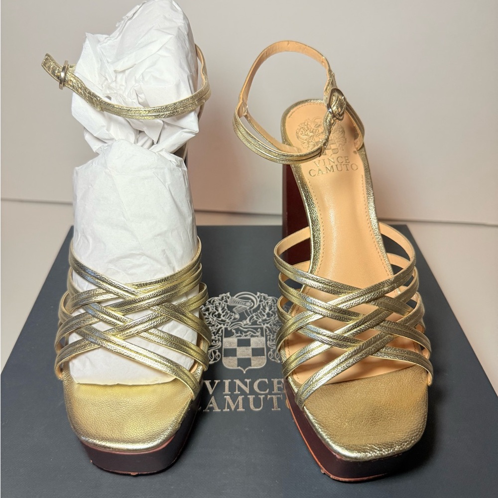 Vince Camuto Metallic Gold Strappy Heels Size 7.5M